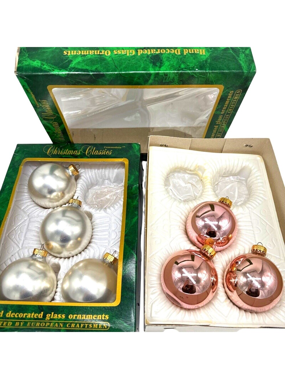 Commodore 7 Glass Ball Ornaments 2.5" Silver Metallic Pink vintage